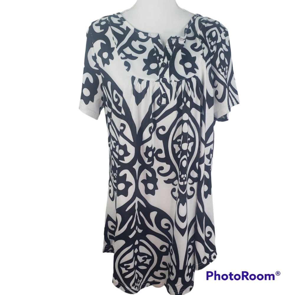 Sese Code Womens 3XL Plus Size Tunic Top Damask Print Black White Boho